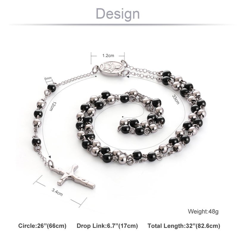 Cottvott Stainless Steel 6mm Beads Rosary Catholic Necklace Holy Medal & Crucifix 32 inch(silver black tone) - Image 2